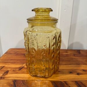 Vtg L E Smith Atterbury Scroll Amber Gold Glass Large Apothecary Jar Canister